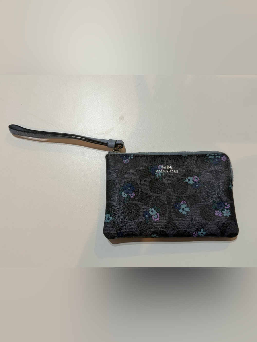 Coach Black Floral Signature Corner Zip Wristlet with Purple & Blue Accents